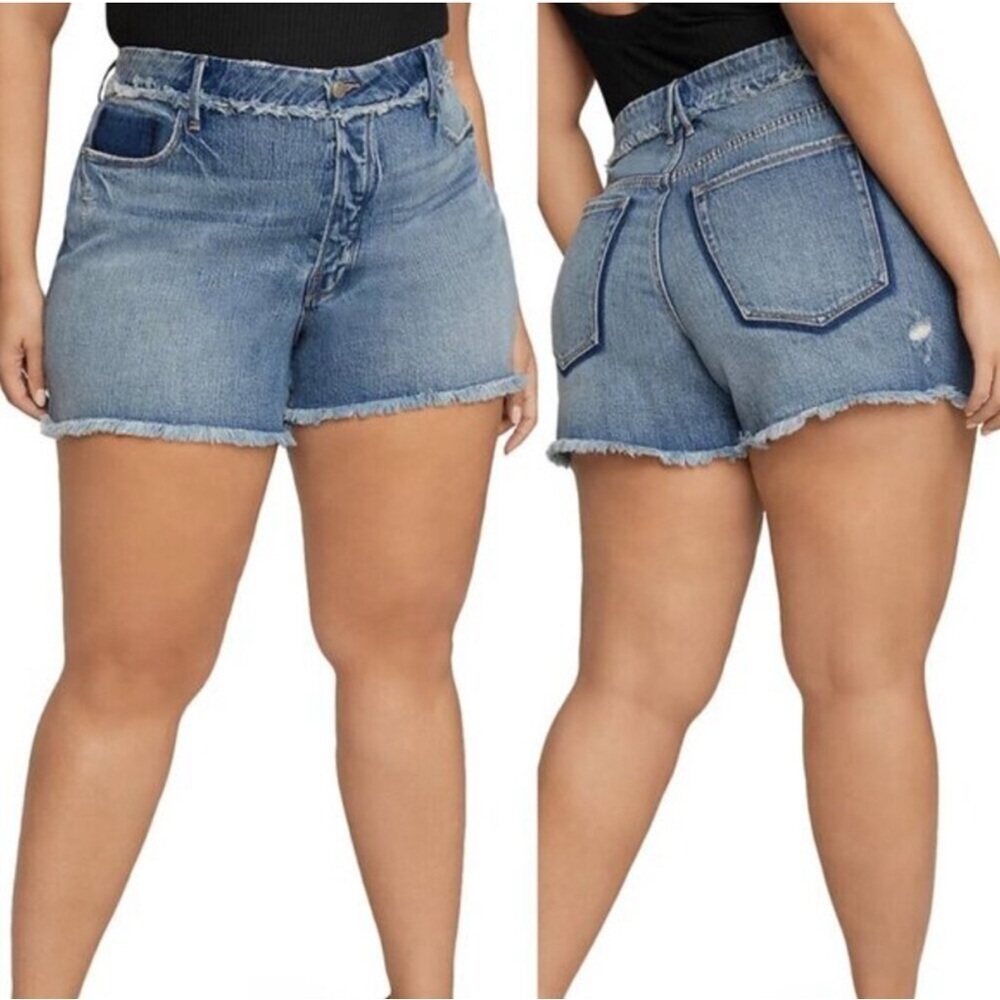 Good American Bombshell Jean Shorts Shadow Pocket Raw Hem Blue Size 20 Festival